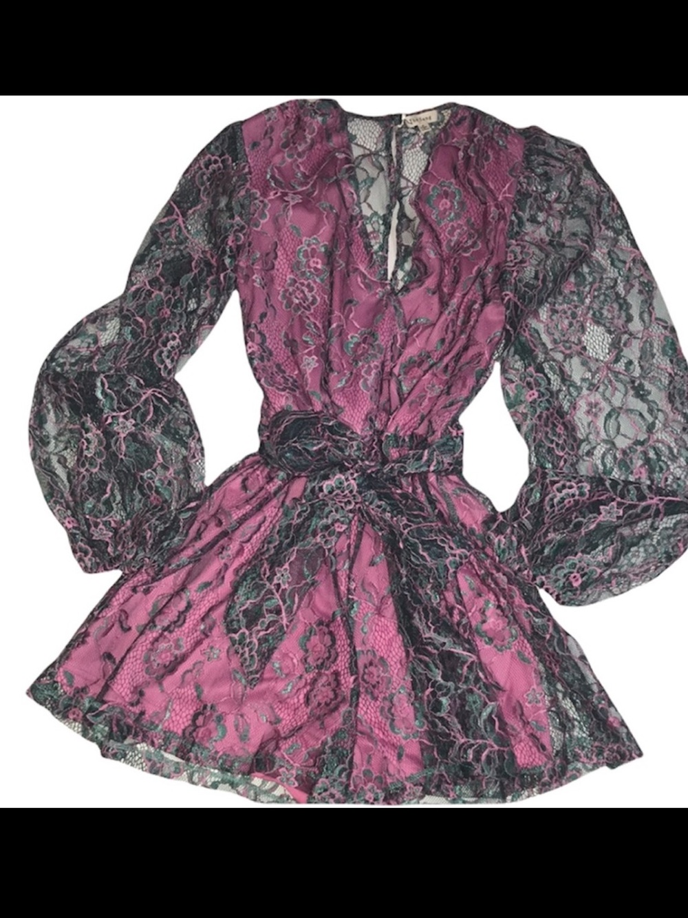 The Sang Floral Lace Balloon Sleeve Romper Pink and Green Size S New with Tag